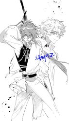  2boys chinese_clothes greyscale hair_between_eyes highres holding holding_polearm holding_weapon long_sleeves looking_at_viewer male_focus monochrome multiple_boys original pants polearm ponytail qyzhiaiyisheng sample_watermark shirt short_hair sketch spear watermark weapon 