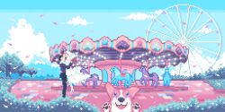  1boy 1girl amusement_park carousel cloud day dog ferris_wheel groom highres original pastel_colors path pixel_art road scenery tomoruka_mr tree wedding 