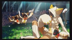  &gt;_&lt; 1girl :&lt; animal_ears animal_hood arc_system_works blazblue blazblue:_calamity_trigger cat_ears cat_hood cat_tail cityscape dark-skinned_female dark_skin closed_eyes fake_animal_ears grass hill hood kaka_kittens official_art sleeping tail taokaka  rating:Sensitive score:30 user:danbooru