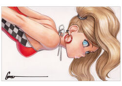  1girl black_eyeliner blonde_hair blue_eyes breasts dress earrings eyeliner hoop_earrings jewelry long_hair looking_at_viewer looking_to_the_side makeup median_furrow omar_dogan persona persona_5 pink_lips red_dress small_breasts solo takamaki_anne thick_lips twintails 
