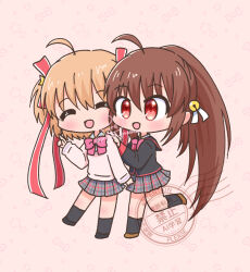  2girls :d ^_^ ahoge black_jacket black_socks blonde_hair blush bow bowtie chibi chibi_only closed_eyes commentary_request eyes_visible_through_hair full_body grey_skirt hair_between_eyes hair_ornament hair_ribbon hand_on_another&#039;s_shoulder hand_up happy index_finger_raised jacket kamikita_komari kneehighs little_busters! little_busters!_school_uniform long_hair long_ribbon long_sleeves miniskirt multiple_girls natsume_rin open_mouth pink_background pink_bow pink_bowtie plaid_clothes plaid_skirt ponytail prasma-prasma red_eyes red_ribbon ribbon school_uniform short_hair signature simple_background skirt smile socks standing standing_on_one_leg star_(symbol) star_hair_ornament sweater tareme twitter_username two_side_up very_long_hair watermark yellow_sweater 