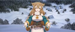  1girl :d amy_(konosuba) animal_ear_fluff animal_ears belt belt_buckle bow braid braided_sidelock breasts brown_belt brown_corset brown_eyes brown_hair buckle building corset cowboy_shot detached_sleeves double-parted_bangs game_cg green_skirt green_sleeves hair_between_eyes hair_bow hair_ornament hair_scrunchie highres kono_subarashii_sekai_ni_shukufuku_wo! konosuba!_fantastic_days large_breasts light_blush long_hair long_sleeves looking_at_viewer low_twintails mole mole_under_eye official_art open_mouth outdoors outstretched_arms pine_tree reaching reaching_towards_viewer red_bow ribbon ribbon-trimmed_sleeves ribbon_trim rural scrunchie sidelocks skirt sleeveless sleeveless_sweater smile snow solo standing sweater tachi-e tree turtleneck turtleneck_sweater twintails very_long_hair village white_scrunchie white_sweater yellow_ribbon 