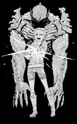  1boy 1girl alien armor boots braid commentary_request facing_viewer fingernails forehead fujimoto_tatsuki full_body hand_on_own_hip hatching_(texture) highres holding hood hood_down hoodie knee_boots kneehighs legs_apart long_hair long_sleeves looking_at_viewer low-braided_long_hair low-tied_long_hair low_twintails mini_(psycho_goreman) monochrome official_art pg:_psycho_goreman promotional_art psycho_goreman second-party_source shorts simple_background sleeve_cuffs socks spiked_armor standing teeth tongue tongue_out twin_braids twintails upper_body upper_teeth_only veins 