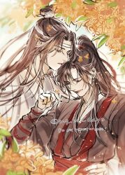  2boys black_hair black_hanfu brown_hair chinese_clothes closed_eyes couple english_text eyelashes falling_petals floating_hair flower hair_ribbon half-closed_eyes hand_on_another&#039;s_waist hand_up hanfu headband high_ponytail highres holding holding_petal lan_wangji leaf light_particles long_hair long_sleeves looking_at_another looking_down male_focus mg_ms_dayo modao_zushi multiple_boys open_mouth orange_flower outdoors parted_lips petals plant ponytail red_ribbon ribbon sketch smile topknot tree twitter_username upper_body watermark wei_wuxian white_hanfu white_headband wind xiao_guan_(headdress) yaoi 