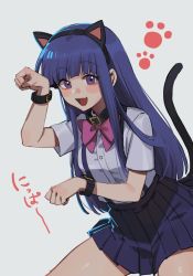 1girl :d animal_ears black_collar blue_hair blue_skirt blush bow bowtie bracelet cat_ears cat_tail collar commentary_request contrapposto fake_animal_ears fang furude_rika grey_background hand_up higurashi_no_naku_koro_ni jewelry long_hair looking_at_viewer miniskirt noriuma open_mouth paw_pose paw_print paw_print_background pink_bow pleated_skirt shirt shirt_tucked_in simple_background skin_fang skirt smile solo suspender_skirt suspenders tail translated white_background white_shirt rating:Sensitive score:20 user:danbooru