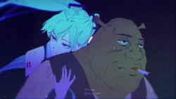  1boy 1girl animated aqua_eyes aqua_hair aqua_nails arm_tattoo artist_name atenahena audible_music black_sleeves black_vest brown_shirt brown_vest choppy_bangs cigarette colored_skin commission detached_sleeves fallen_angels_(movie) green_skin hair_ornament hatsune_miku long_hair ogre shirt shrek shrek_(series) smoking sound tattoo twintails very_long_hair vest video vocaloid what  rating:General score:68 user:vipguy64