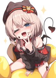  1girl absurdres bare_shoulders beret black_dress black_jacket black_survival black_tail black_wings blonde_hair blue_eyes blush bow brown_bow brown_hat chocolate collarbone commentary_request demon_girl demon_tail demon_wings dress eternal_return:_black_survival fang food food_on_body food_on_face food_on_legs hair_between_eyes hair_tie hand_up hat hat_bow highres jacket jacket_partially_removed korean_commentary leni_(black_survival) long_sleeves low_twintails mannack medium_hair multicolored_bow off-shoulder_dress off_shoulder one_eye_closed open_clothes open_jacket open_mouth red_bow red_dress smile solo straddling stuffed_animal stuffed_toy sweat tail twintails two-tone_dress v v_over_mouth white_background wings yellow_bow 