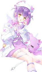  1girl absurdres animal_hat blush bow candy cardigan cat_hat chest_harness colored_inner_hair commentary creature food gauze hair_bow hair_ornament hairclip harness hat highres holding holding_candy holding_food holding_lollipop lollipop looking_at_viewer multicolored_hair open_mouth pink_hair purple_hair purple_shirt shiao shinomiya_runa shinomiya_runa_(4th_costume) shirt solo t-shirt teeth thigh_strap two-tone_hair upper_teeth_only virtual_youtuber vspo! white_background white_cardigan white_hat white_wings wings x_hair_ornament yellow_eyes 