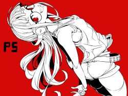  1girl armpits arms_behind_back ass breasts glasses grin headphones highres looking_at_viewer persona persona_5 red_eyes sakura_futaba sleeveless small_breasts smile solo tagaya6592 tank_top 