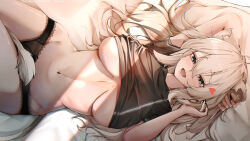  1girl ahoge animal_ears arm_behind_head arms_up bed_sheet black_nails black_panties black_shirt blush breasts commentary_request cowboy_shot grey_eyes grey_hair hand_in_own_hair highres hololive lace lace_panties large_breasts light_rays lion_ears lion_girl lion_tail long_hair long_sidelocks looking_at_viewer lying navel no_bra omaigoodgoodeat on_back on_bed open_mouth panties shirt shishiro_botan sidelocks solo stomach sunlight tail underboob underwear white_tail 