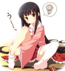 1girl black_hair blush brown_eyes dress dressing famicom feet female_focus game_console houraisan_kaguya legs long_hair no_shoes on_floor pink_dress sitting solo squiggle tatami tears thighhighs touhou very_long_hair white_thighhighs yamasan zettai_ryouiki rating:Sensitive score:29 user:danbooru