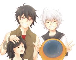  .flow 1boy 3girls albino anime_coloring bandages brother_and_sister diving_helmet hand_on_another&#039;s_head happy helmet looking_up multiple_girls oreko raimeiuta sabitsuki school_uniform shirt siblings sister_(.flow) sleeveless sleeveless_shirt smile smile_(.flow) v vest white_hair 