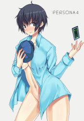  1girl atlus blue_eyes blue_hair blush breasts newsboy_cap card cleavage darabuchi female_focus floating_card groin hat holding holding_unworn_clothes holding_unworn_hat large_breasts matching_hair/eyes naked_shirt navel persona persona_4 shirogane_naoto shirt short_hair smile solo unworn_hat unworn_headwear  rating:Questionable score:50 user:danbooru