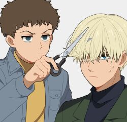  2boys amuro_ray black_shirt blonde_hair blue_eyes brown_hair cutting_another&#039;s_hair cutting_hair fuji_(f_ukkami) green_jacket grey_background gundam gundam_gquuuuuux hair_over_one_eye highres holding holding_scissors jacket long_sleeves male_focus mobile_suit_gundam multiple_boys scissors shirouzu_(gundam) shirt short_hair simple_background sweatdrop turtleneck 