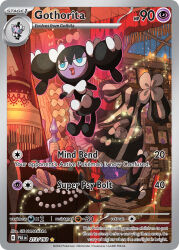  artist_name black_dress black_shoes blue_eyes bow bright_pupils card_(medium) chair character_name company_name copyright_name copyright_notice curtains dress english_text floating full_body gen_5_pokemon gothita gothorita high_heels indoors jitome lamp nanahara_shie nintendo official_art open_mouth outline pink_outline pokemon pokemon_(creature) pokemon_card pokemon_tcg red_lips shoes solo sparkle star_(sky) third-party_source trading_card unworn_dress unworn_shoes white_bow white_pupils window 
