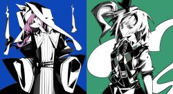  2girls argyle_clothes argyle_vest bow closed_mouth dress green_eyes hairband head_tilt horizontal_pupils konpaku_youmu konpaku_youmu_(ghost) koumajou_densetsu koumajou_densetsu_2 long_hair long_sleeves multiple_girls pink_hair puritan_collar saigyouji_yuyuko short_hair short_sleeves spot_color touhou veil vest wide_sleeves xian_qishui 