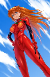  1girl blue_eyes blue_sky bodysuit breasts brown_hair cloud curvy dutch_angle feet_out_of_frame hand_on_own_hip highres long_hair looking_at_viewer mecha_pilot_suit medium_breasts multicolored_bodysuit naito_haruto neon_genesis_evangelion nerv plugsuit_(evangelion) red_bodysuit shiny_clothes skin_tight sky solo souryuu_asuka_langley two_side_up very_long_hair wide_hips  rating:Sensitive score:11 user:danbooru