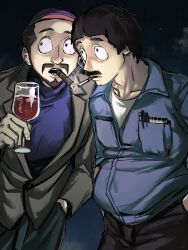  2boys beard black_eyes black_hair black_pants blue_pants blue_shirt cigar cigarette collarbone collared_shirt cowboy_shot cup dlcu3w drinking_glass facial_hair gerald_broflovski grey_jacket hands_in_pockets highres holding holding_cup jacket kippah long_sleeves male_focus mouth_hold multiple_boys mustache pants randy_marsh shirt short_hair south_park standing white_shirt wine_glass 