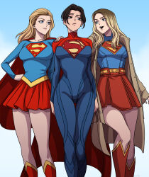  3girls absurdres animification black_hair blonde_hair blue_bodysuit blue_eyes bodysuit boots breasts cape crop_top dc_comics dc_extended_universe highres kimleon large_breasts long_hair long_sleeves looking_at_viewer medium_breasts miniskirt multiple_girls navel no_legwear red_boots red_cape short_hair skirt smile supergirl superhero_costume superman_(series) superman_logo the_flash_(movie) 