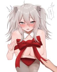  1girl ahoge animal_ear_fluff animal_ears bare_shoulders blush bow breasts cleavage collar covered_navel covering_breasts covering_privates detached_collar earrings grey_eyes grey_hair hair_between_eyes highres hololive jewelry large_breasts leotard lion_ears lion_girl pantyhose red_bow red_leotard red_ribbon ribbon shina_eno3 shishiro_botan solo speech_bubble virtual_youtuber white_collar 