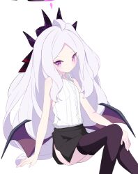 1girl ahoge ass black_skirt black_thighhighs blue_archive commentary_request demon_girl demon_horns demon_wings hair_ornament hairclip halo highres hina_(blue_archive) horns long_hair looking_at_viewer parted_bangs pencil_skirt purple_eyes sasanoha_(sasanoha0712) shirt side_slit sidelocks simple_background sitting skirt sleeveless sleeveless_shirt solo thighhighs wavy_hair white_hair white_shirt wings zettai_ryouiki rating:Sensitive score:9 user:danbooru