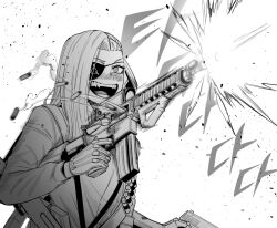  1girl assault_rifle bandolier belt blush collared_shirt crazy_eyes dual_wielding eyepatch fangs firing gegegekman gloves greyscale gun gun_on_back handgun happy holding holding_gun holding_weapon korean_text long_sleeves magazine_(weapon) monochrome open_mouth original rifle ringed_eyes scope shell_casing shirt side_part solo sound_effects upper_body weapon weapon_on_back white_background  rating:General score:6 user:danbooru