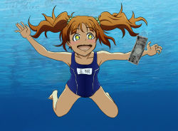  +_+ 1girl album_cover album_cover_redraw barefoot blue_eyes blue_one-piece_swimsuit blush breasts brown_hair competition_school_swimsuit cover derivative_work female_focus fish_hook fishing_line hair_bobbles hair_ornament hajisarashi_(kobato09) idolmaster idolmaster_(classic) kontenporariinamezaship money name_tag nevermind nirvana_(band) one-piece_swimsuit parody school_swimsuit small_breasts solo swimming swimsuit takatsuki_yayoi twintails underwater 