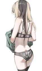  1girl absurdres ass back black_bra black_hair black_thighhighs bra breasts commentary from_behind grey_hair highres hololive hololive_dev_is juufuutei_raden lace lace-trimmed_panties lace_trim long_hair multicolored_hair panties scarlet_(wv0102) simple_background solo symbol-only_commentary thighhighs two-tone_hair underwear virtual_youtuber white_background 
