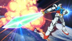  earth_(planet) explosive gundam highres holding holding_weapon katana kobakin mecha mecha_focus mobile_suit mobile_suit_gundam no_humans planet robot rx-78-2_gundam scene_reference science_fiction solo space super_robot sword v-fin weapon yellow_eyes yuuki_bakuhatsu_bang_bravern 