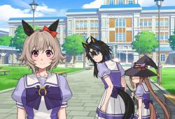  3girls annoyed black_hair breasts brown_hair building closed_mouth collar collarbone commentary curren_chan_(umamusume) distracted_boyfriend_(meme) fukuro_(maruaru00) grey_hair hair_ornament highres holding holding_leash leash long_hair looking_at_viewer medium_breasts medium_hair meme multiple_girls original personification purple_eyes school_uniform smile sweep_tosho_(umamusume) tracen_school_uniform twintails umamusume 