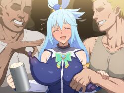  1girl 2boys :d ^_^ aqua_(konosuba) blonde_hair blue_hair blush breasts closed_eyes embarrassed faceless faceless_male flying grabbing_another&#039;s_breast grin groping hetero highres impossible_clothes kono_subarashii_sekai_ni_shukufuku_wo! large_breasts long_hair multiple_boys nipple_stimulation nipple_tweak nipple_tweak_through_clothes open_mouth puffy_nipples smile tedain  rating:Questionable score:95 user:danbooru