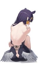 1girl absurdres animal_ears back back_focus backless_dress backless_outfit bare_back black_dress blonde_hair blunt_bangs blush butt_crack dress feathered_wings from_behind hand_on_own_shoulder highres hololive hololive_english knees_up long_hair looking_at_viewer looking_back low_wings maenoo multicolored_hair ninomae_ina&#039;nis pointy_ears purple_eyes purple_hair simple_background sitting solo streaked_hair tentacle_hair virtual_youtuber white_background wings rating:Sensitive score:49 user:danbooru