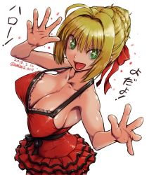 +_+ 10s 1girl ahoge amania_orz armpits bare_shoulders blonde_hair braid breasts cleavage collarbone dated dress fate/extra fate/extra_ccc fate_(series) female_focus frilled_dress frills green_eyes hair_bun hair_ribbon happy large_breasts nero_claudius_(fate) nero_claudius_(fate/extra) nero_claudius_(modern_costume_of_crimson)_(fate) official_alternate_costume partially_translated red_dress ribbon short_dress short_hair single_hair_bun smile solo strap_gap translation_request twitter_username rating:Questionable score:57 user:danbooru