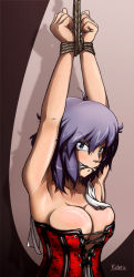  1girl armpits arms_up bare_shoulders bdsm blue_eyes blush bondage bound breasts cleavage cleave_gag cloth_gag corset female_focus gag gagged gradient_background highres improvised_gag kusujinn large_breasts looking_at_viewer mili_(kidetic) original purple_hair rope short_hair solo  rating:Questionable score:115 user:danbooru