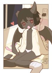  1boy arms_at_sides azazel_(the_binding_of_isaac) bed bedroom black_hair black_horns black_skin black_wings blush broken_horn bulge colored_skin condom condom_in_mouth demon demon_horns demon_wings hair_between_eyes head_tilt heart hitachi_magic_wand horns knees_together_feet_apart legs meme mouth_hold on_bed panties pillow pointy_ears red_eyes sex_toy shuiyee single_sock sitting socks solo the_binding_of_isaac underwear vibrator wariza white_panties white_socks window wings yes-no_pillow 