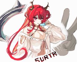  1girl arknights blush breasts brown_horns character_name cleavage commentary_request cropped_torso food hair_between_eyes highres holding holding_food holding_popsicle horns large_breasts long_hair long_sleeves looking_at_viewer navel niuniu_(uo_dekka) official_alternate_costume popsicle purple_eyes red_hair simple_background sketch solo surtr_(arknights) surtr_(colorful_wonderland)_(arknights) white_background 