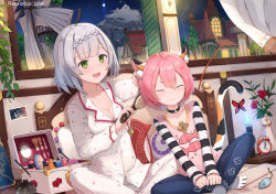 2girls :3 :d animal_ear_fluff animal_ears artist_name black_choker blue_pants blush braid breasts building cat_ears cat_girl cat_tail choker cleavage closed_mouth collarbone commentary_request curtains diona_(genshin_impact) closed_eyes full_moon genshin_impact green_eyes grey_legwear hair_brush brushing_hair holding holding_brush indoors liclac long_sleeves medium_breasts moon multiple_girls night no_shoes noelle_(genshin_impact) open_mouth pajamas pants pink_hair pink_shirt shirt short_hair silver_hair sleeves_past_wrists smile socks striped tail tail_raised teeth upper_teeth_only white_pajamas white_pants white_shirt windmill window rating:Sensitive score:45 user:danbooru