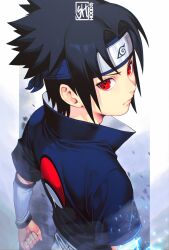  1boy black_hair black_shirt border closed_mouth detached_sleeves from_above frown furrowed_brow headband highres male_focus naruto_(classic) naruto_(series) parted_bangs pillarboxed red_eyes sharingan shirt shoes short_hair signature skaggshood solo uchiha_sasuke upper_body white_border white_shoes white_sleeves  rating:General score:0 user:danbooru