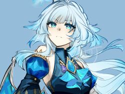  1girl aqua_dress aqua_eyes aqua_hair bare_shoulders blue_background blue_gemstone blunt_bangs cerydra_(honkai:_star_rail) chinese_commentary closed_mouth collared_dress crown detached_sleeves dress gem gradient_hair hair_flowing_over hair_intakes head_tilt honkai:_star_rail honkai_(series) long_hair long_sleeves looking_to_the_side looking_up multicolored_hair puffy_long_sleeves puffy_sleeves richanghuabenluomouzhuangfengmaisha simple_background solo upper_body wavy_hair wide_sleeves 
