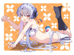  1girl :o akayama_yukihe arm_support bare_shoulders black_bow black_socks blue_hair blush border bow bra braid breasts claw_pose commentary_request crown_braid fang fingernails food food_on_ass frilled_panties frills from_side full_body hair_bow hair_bun hair_ornament hair_spread_out hand_up highres kneehighs long_hair looking_at_viewer lying navel on_stomach open_mouth outside_border panties pink_background red_eyes shadow shaved_ice sidelocks simple_background single_hair_bun skin_fang socks solo sorakado_ao straight_hair summer_pockets tassel tassel_hair_ornament the_pose underwear underwear_only v-shaped_eyebrows very_long_hair white_border white_bra white_panties 