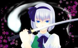  1girl blue_eyes bow bowtie commentary_request covering_own_mouth crodire flower ghost green_vest grey_hair hair_bow hairband holding holding_sword holding_weapon katana konpaku_youmu konpaku_youmu_(ghost) looking_at_viewer pink_flower purple_bow purple_bowtie purple_hairband shirt short_hair solo sword touhou upper_body vest weapon white_shirt 