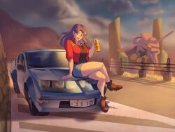  1girl bare_legs beer_can breasts can car crossed_legs curvy denim denim_shorts drink_can eva_01 full_body happy highres holding holding_can jacket katsuragi_misato long_hair looking_at_viewer mecha motor_vehicle mountain narrow_waist neon_genesis_evangelion no_bra open_clothes open_jacket open_mouth outdoors purple_hair red_jacket robot short_shorts shorts sky wide_hips zestysauce 