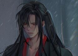  1boy ahoge bishounen black_hair black_hanfu chinese_clothes closed_mouth collarbone hair_between_eyes half_updo hanfu korean_commentary long_hair looking_down male_focus modao_zushi niken_(niken_ouo) official_alternate_hairstyle parted_bangs rain red_eyes sidelocks solo upper_body wei_wuxian wei_wuxian_(yiling_laozu) 