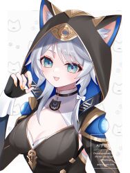  1girl animal_ears animal_hood black_gloves blue_eyes breasts cat_ears cat_girl cat_hood cipher_(honkai:_star_rail) commentary fingerless_gloves gloves grey_hair highres honkai:_star_rail honkai_(series) hood kino_(curry_pan) md5_mismatch medium_breasts no_mole open_mouth simple_background smile solo upper_body white_background yellow_nails 