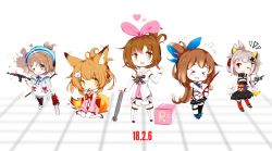 &gt;_&lt; +_+ .live 5girls :d absurdres ak-47 alcohol anchor_symbol animal_ear_fluff animal_ears antenna_hair arm_support assault_rifle bare_shoulders beer beer_mug bell black_dress black_footwear black_legwear black_skirt blood blood_splatter blue_capelet blue_flower blue_ribbon blue_rose blue_shirt blurry blurry_background blush boots bound bound_wrists bow breasts brown_eyes brown_footwear brown_hair cannon capelet chainsaw chibi cleavage cleavage_cutout closed_eyes closed_mouth clothing_cutout coat commentary_request cosplay cup dated dennou_shoujo_siro depth_of_field detached_sleeves dress elbow_gloves fang fang_out flower flying_sweatdrops folded_ponytail food food_in_mouth fox_ears fox_girl fox_tail fur-trimmed_boots fur-trimmed_capelet fur-trimmed_sleeves fur_trim gloves grin gun hair_bell hair_between_eyes hair_ornament hair_ribbon hairband hairclip hand_up heart hehehzb highres holding holding_cup holding_gun holding_weapon inazuma_(kancolle) jingle_bell kaguya_luna kaguya_luna_(character) kaguya_luna_(character)_(cosplay) kalashnikov_rifle kantai_collection kemomimi_oukoku_kokuei_housou kemonomimi_mode kizuna_ai kizuna_ai_(1st_costume) kizuna_ai_(cosplay) kizuna_ai_inc. light_brown_hair long_sleeves looking_at_viewer mikoko_(kemomimi_oukoku_kokuei_housou) mikoko_(kemomimi_oukoku_kokuei_housou)_(cosplay) miniskirt mirai_akari mirai_akari_(cosplay) mirai_akari_project mouth_hold mug multiple_girls obi one_eye_closed open_mouth own_hands_together pantyhose pink_hairband pink_ribbon pleated_skirt pocky red_bow red_legwear red_ribbon red_skirt ribbon ribbon-trimmed_legwear ribbon_trim rifle rose sandals sash shibari ship_turret shiro_(dennou_shoujo_youtuber_shiro) shiro_(dennou_shoujo_youtuber_shiro)_(cosplay) shirt shoes short_shorts shorts single_thighhigh sitting skirt sleeveless sleeveless_dress sleeveless_shirt small_breasts smile solid_circle_eyes standing tail teeth the_moon_studio thigh_boots thighhighs torpedo two_side_up upper_teeth_only virtual_youtuber virtual_youtuber_shiten&#039;nou wariza weapon white_background white_coat white_footwear white_gloves white_legwear white_shirt white_shorts wide_sleeves x_hair_ornament yellow_eyes zouri