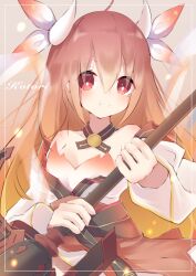 1girl absurdres ahoge bare_shoulders black_choker black_sash blush breasts character_name choker cleavage date_a_live dress eyelashes fire framed gradient_hair hair_between_eyes highres holding holding_weapon horn_ornament horn_ribbon horns itsuka_kotori jam_(jamjam777) long_hair long_sleeves looking_at_viewer multicolored_hair orange_hair red_eyes red_hair ribbon sash sidelocks simple_background small_breasts smile solo standing very_long_hair weapon white_dress white_ribbon white_sleeves wide_sleeves rating:General score:3 user:danbooru