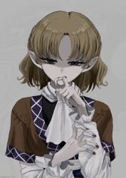  1girl biting_own_finger black_shirt blonde_hair blood blood_on_hands brown_jacket detached_sleeves green_eyes grey_background hand_on_own_arm highres jacket looking_at_viewer medium_hair mizuhashi_parsee nail_polish pointy_ears scarf shaded_face shirt short_sleeves solo touhou upper_body watage_milktea white_scarf 