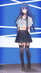1girl alternate_costume blue_eyes blue_hair contemporary female_focus fire_emblem fire_emblem_awakening full_body garter_straps high_heels highres long_hair looking_at_viewer lucina_(fire_emblem) nintendo skirt smile solo suspender_skirt suspenders thank_you thighhighs tusia rating:Sensitive score:31 user:danbooru