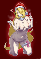 1girl absurdres aneros bad_id bad_pixiv_id barefoot belly blonde_hair breasts brown_eyes christmas colored_skin condom condom_packet_strip condom_wrapper cynthia_(pokemon) female_focus female_pubic_hair full_body hair_over_one_eye hat heart heart-shaped_pupils highres ikuchan_kaoru kneeling large_breasts long_hair md5_mismatch multicolored_skin navel nintendo pokemon pokemon_dppt prostate_massager pubic_hair pubic_hair_peek resolution_mismatch santa_hat sex_toy solo source_smaller spoken_heart sweat symbol-shaped_pupils thigh_strap thighs very_long_hair  rating:Questionable score:89 user:danbooru