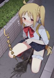  1girl absurdres ahoge backpack bag blonde_hair blue_skirt blush bocchi_the_rock! bow bowtie brown_eyes check_commentary clothes_lift collared_shirt commentary_request embarrassed from_above highres ijichi_nijika lifting_own_clothes long_hair long_sleeves looking_to_the_side metaring open_mouth outdoors panties panties_around_leg pee peeing pleated_skirt puddle red_bow red_bowtie red_shoes school_uniform shimokitazawa_high_school_uniform shirt shoes side_ponytail sidelocks skirt skirt_lift sleeves_rolled_up solo sound_effects squatting sweat underwear wet_floor white_panties white_shirt 